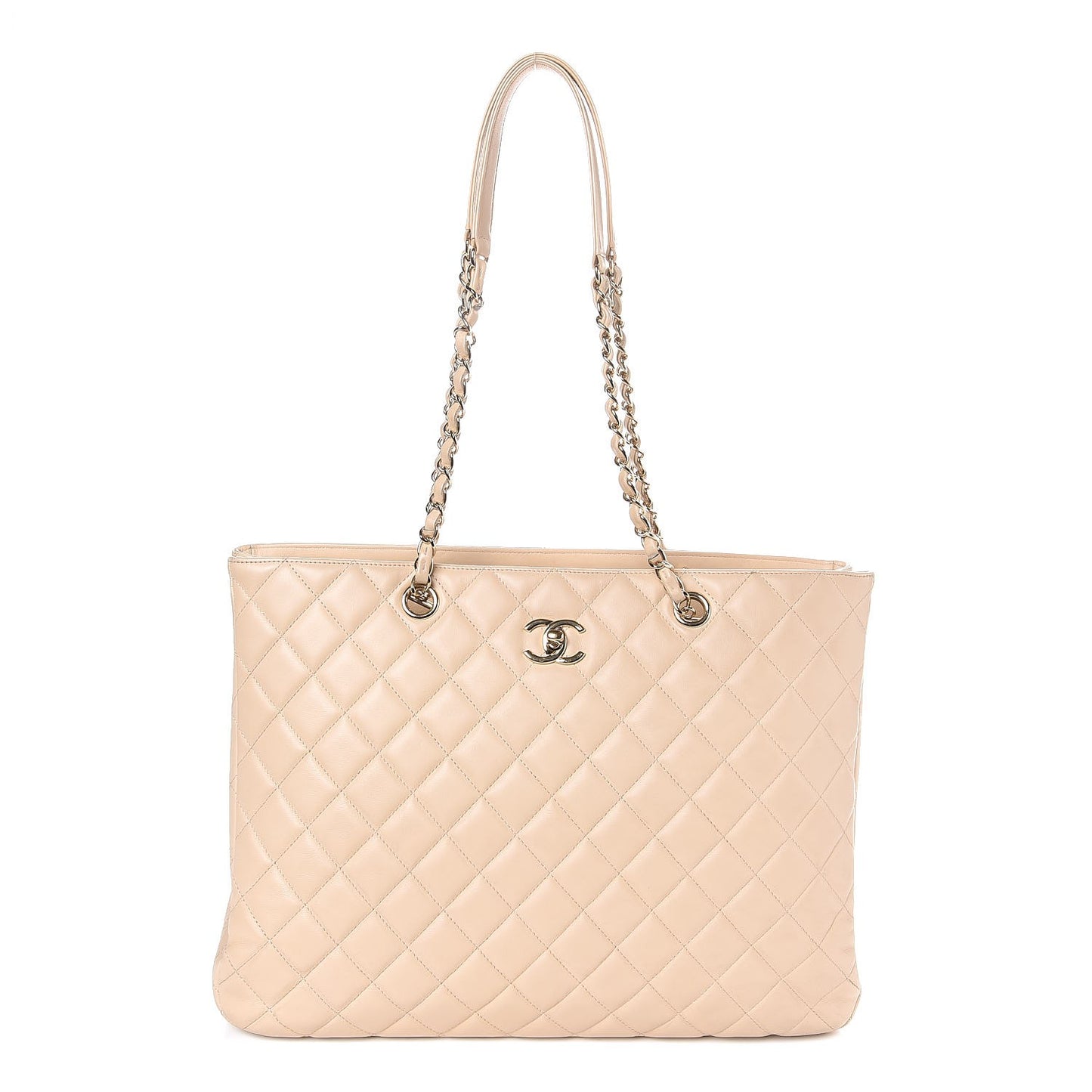Calfskin Quilted Large CC Shopping Tote Beige
