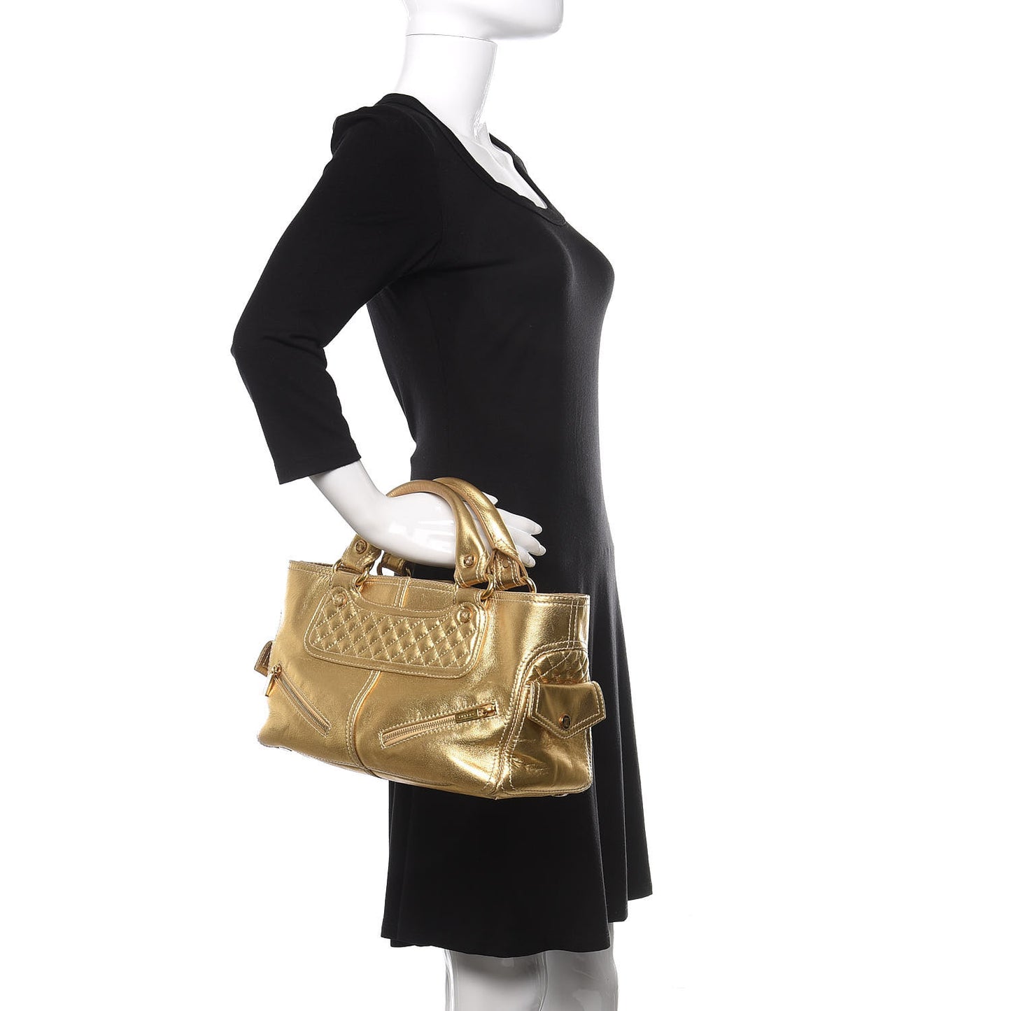 Metallic Lambskin Quilted Boogie Satchel Gold