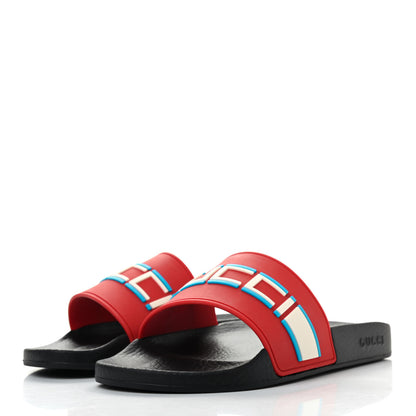 Gucci Rubber Stripe Mens Pool Slide Sandals 6 Poppy Azur Ecru 2 of 8