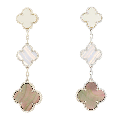 Van Cleef & Arpels 18K White Gold Mother of Pearl Chalcedony 3 Motifs Magic Alhambra Earrings 1 of 4