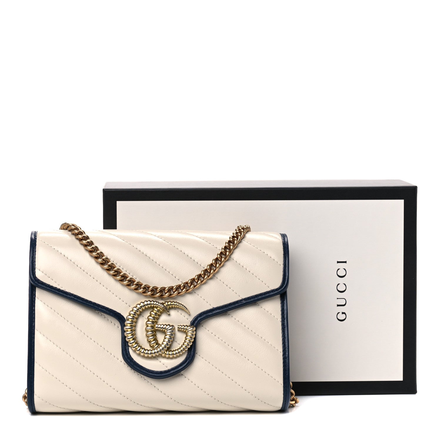 Gucci Vintage Effect Calfskin Matelasse Diagonal Torchon GG Marmont Chain Wallet Mystic White Blue Agata 10 of 10
