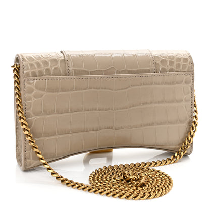 Balenciaga Shiny Calfskin Crocodile Embossed Hourglass Chain Bag Taupe 3 of 10