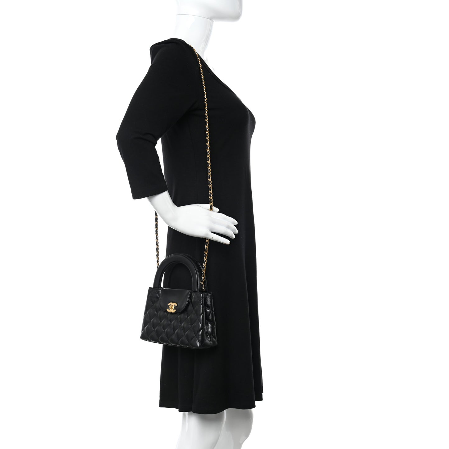 Shiny Aged Calfskin Quilted Nano Kelly Shopper Black