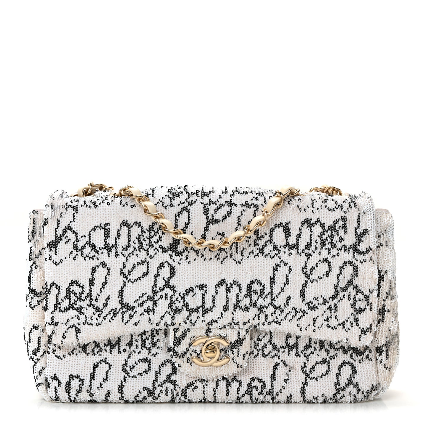 Sequin Logo Medium Flap White Black