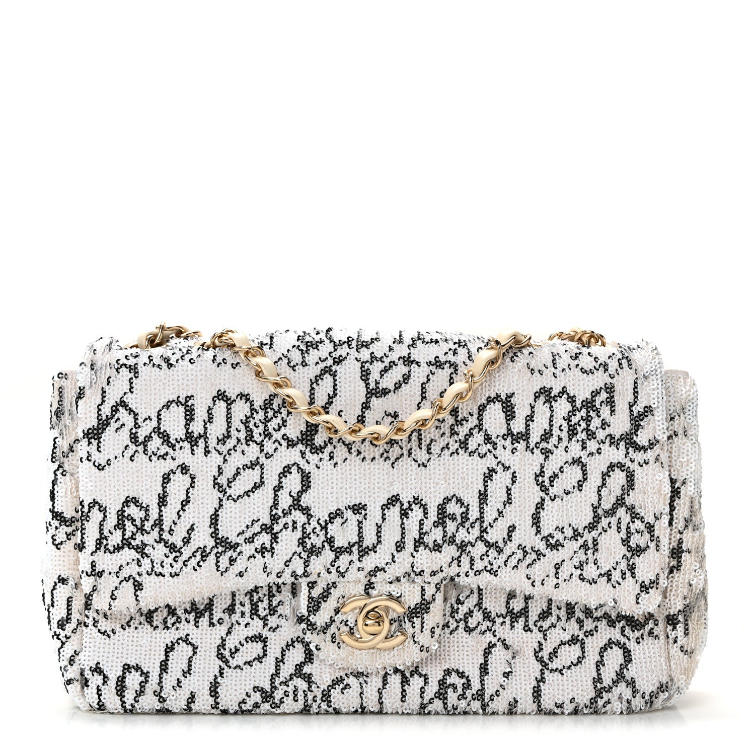 Chanel Sequin Logo Medium Flap White Black 1 of 10