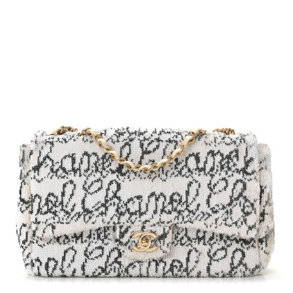 Chanel Sequin Logo Medium Flap White Black 1 of 10