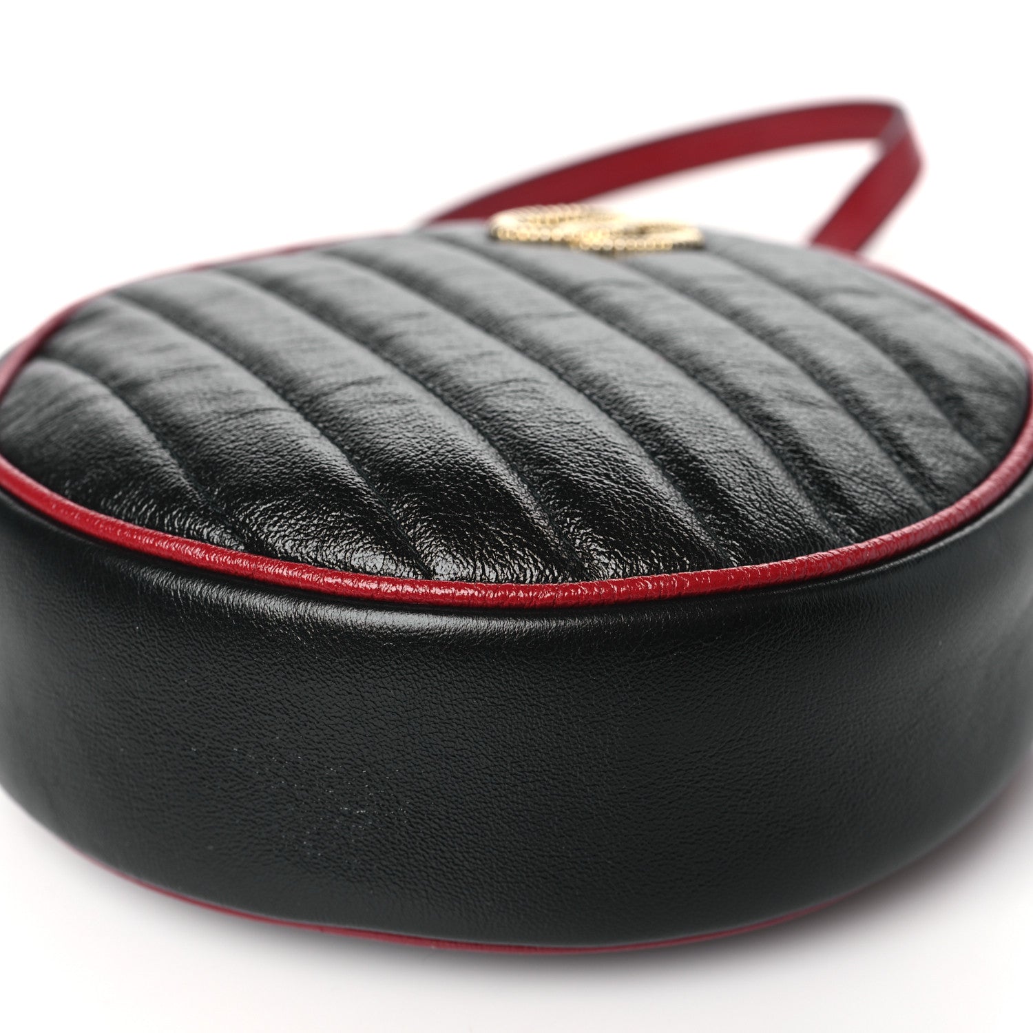 Gucci Vintage Effect Calfskin Matelasse Diagonal Mini Torchon GG Marmont Round Shoulder Bag Black Romantic Cherry 10 of 10