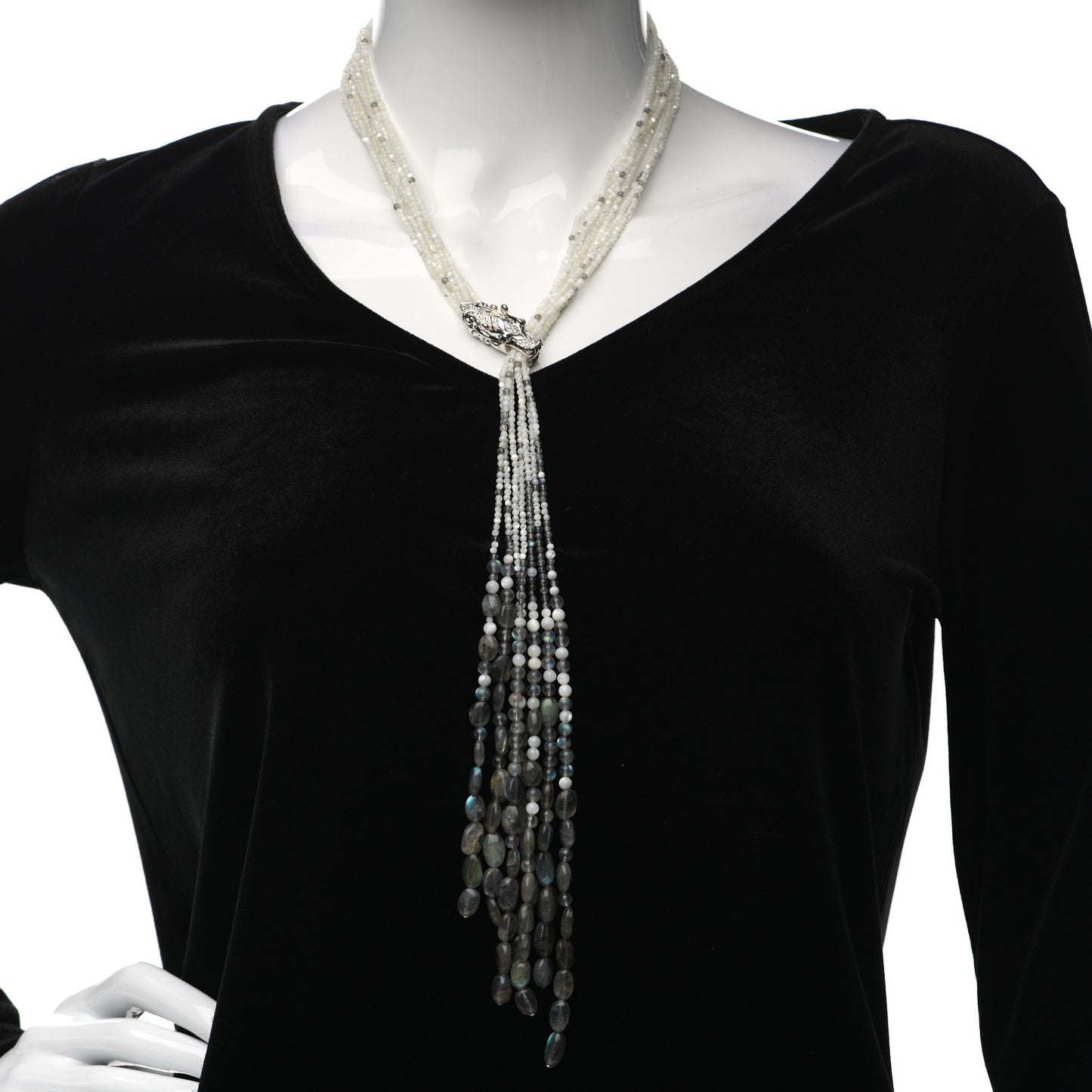 Sterling Silver Sapphire Diamond Labradorite Mother of Pearl Legends Naga Dragon Lariat Necklace