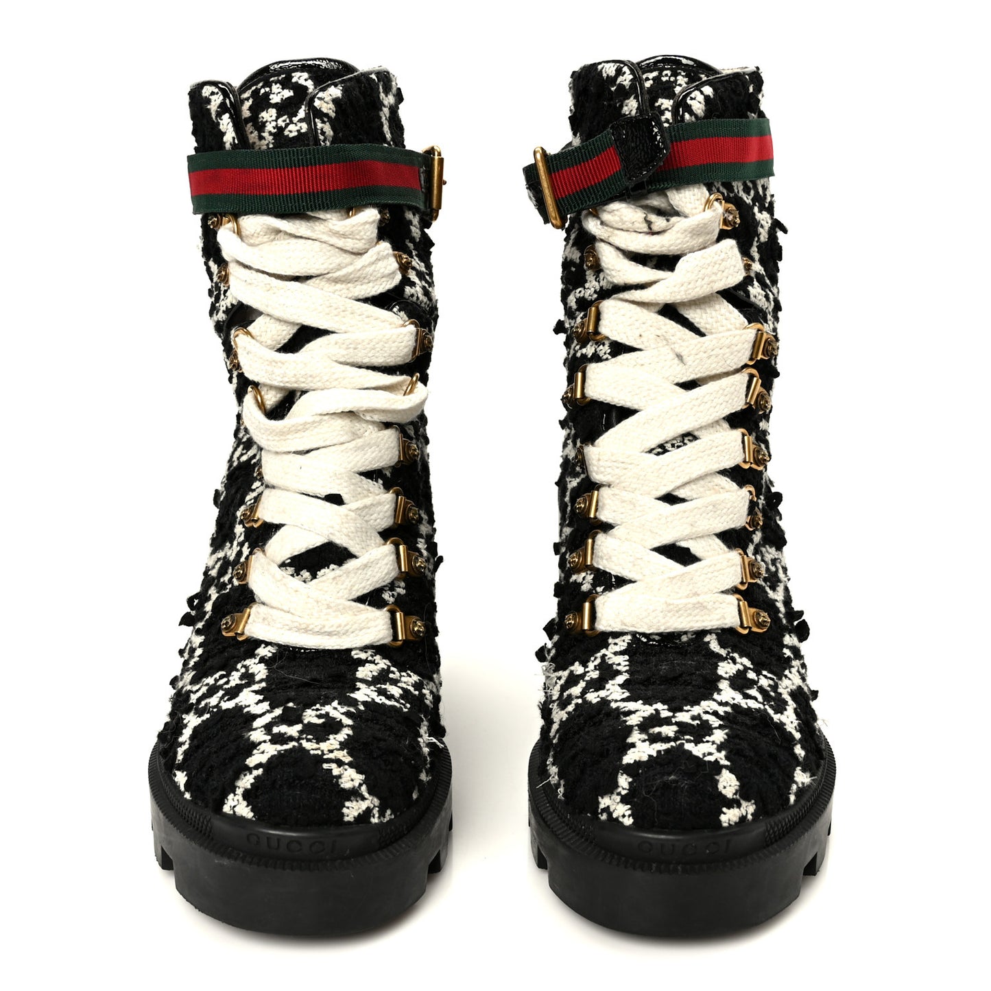 Tweed GG Monogram Lace Up Combat Ankle Boots 38 Black
