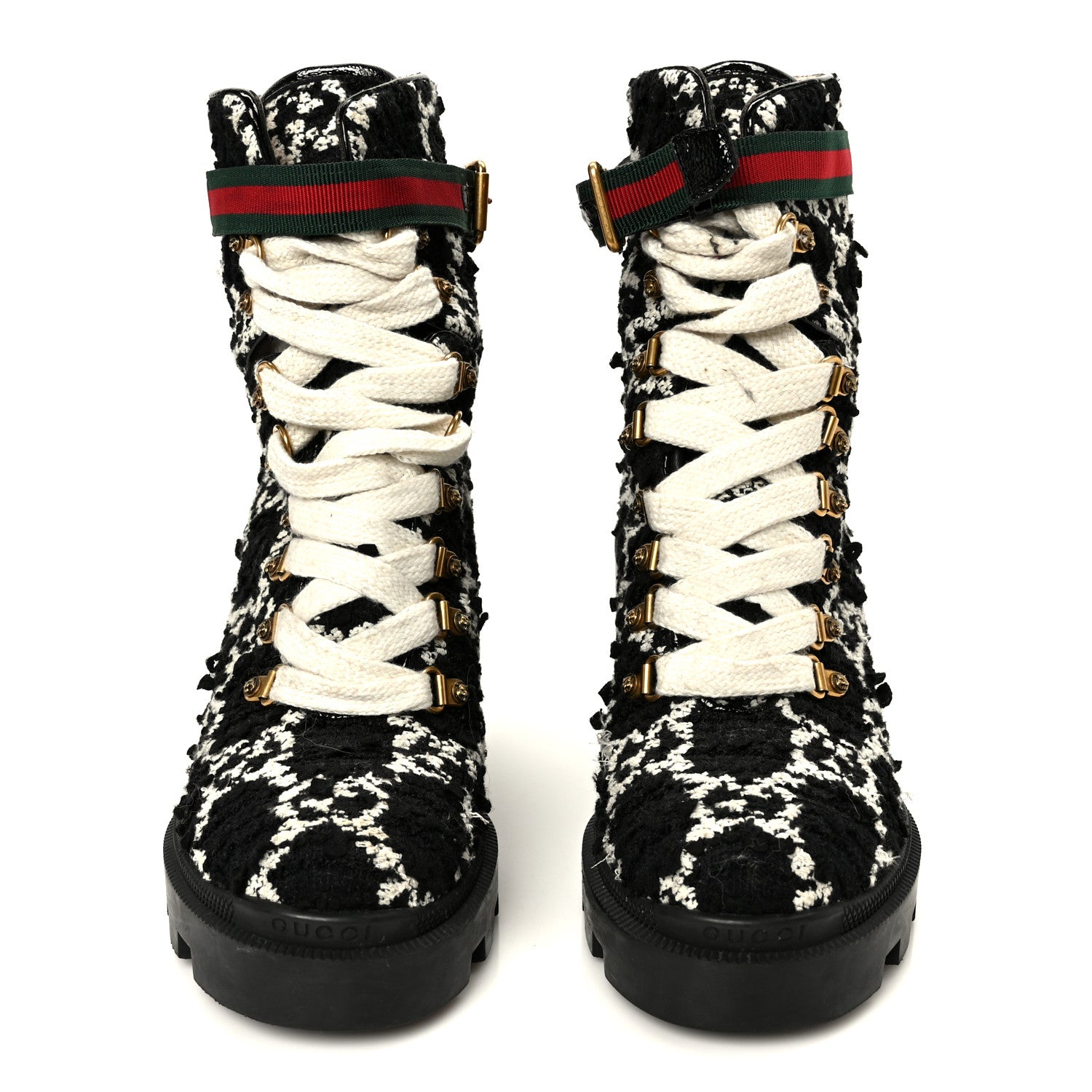 Gucci Tweed GG Monogram Lace Up Combat Ankle Boots 38 Black 3 of 10