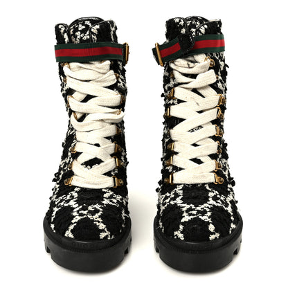 Gucci Tweed GG Monogram Lace Up Combat Ankle Boots 38 Black 3 of 10