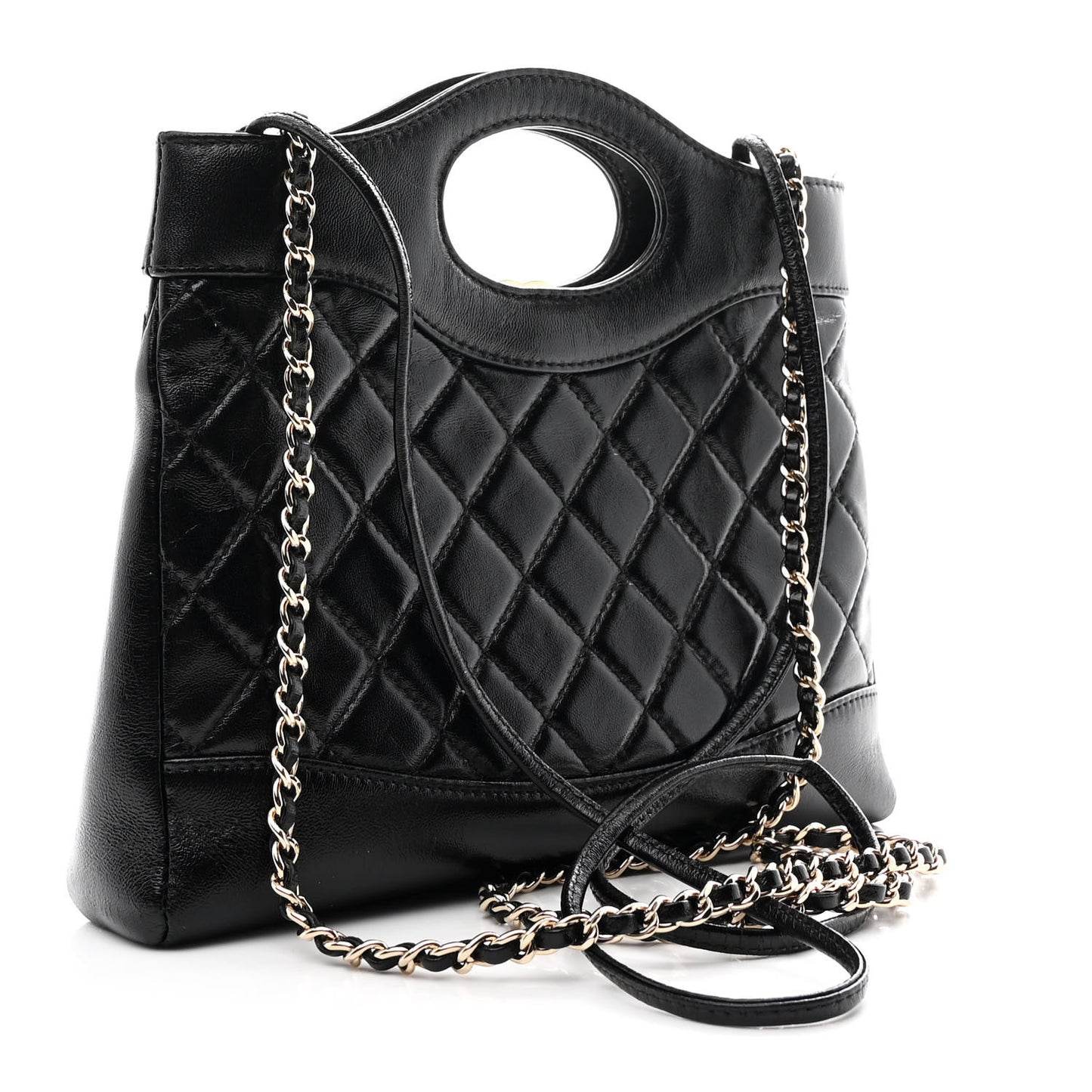 Shiny Crumpled Calfskin Quilted Mini 31 Shopping Bag Black