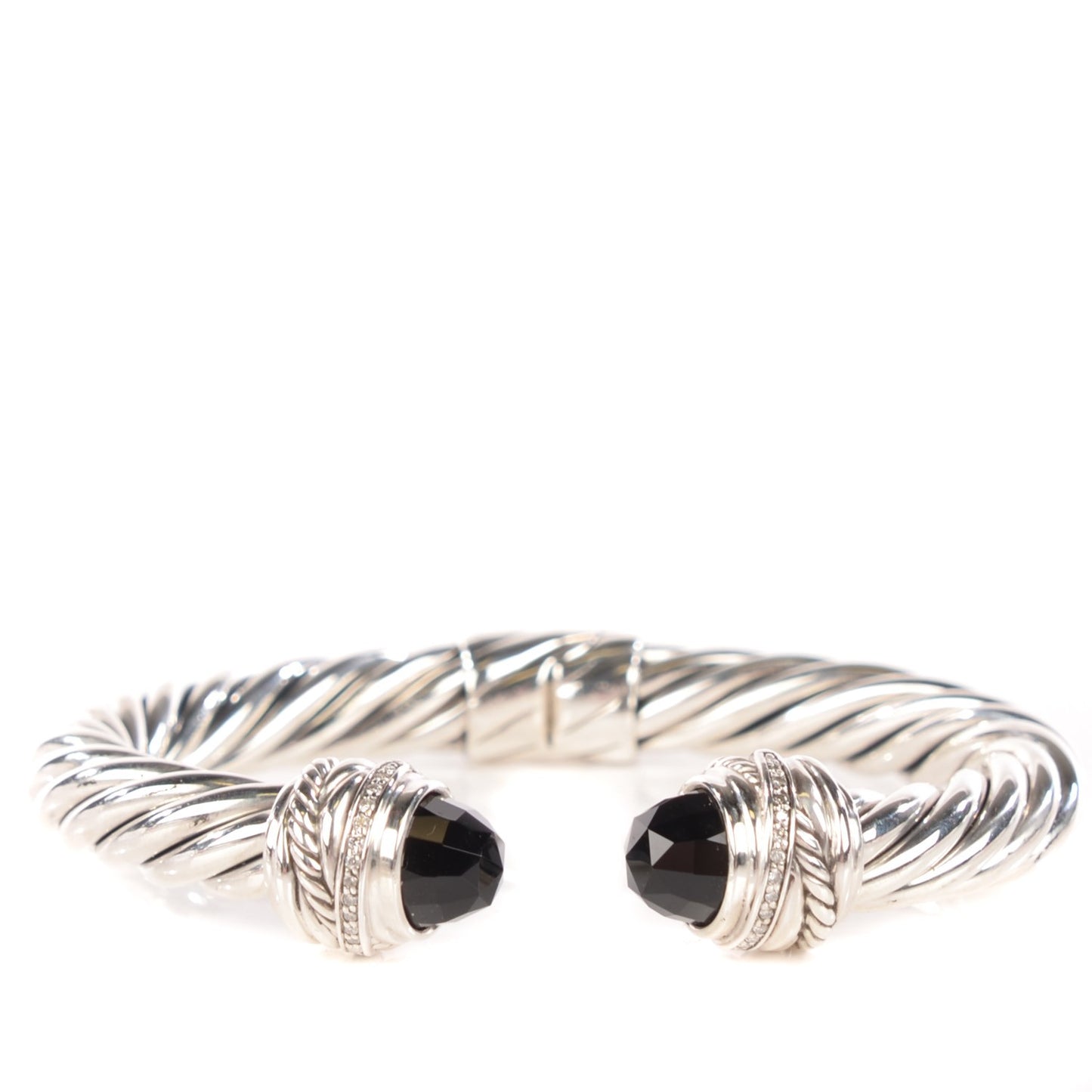 Sterling Silver Diamond Black Onyx 8.5mm Crossover Hinge Bracelet