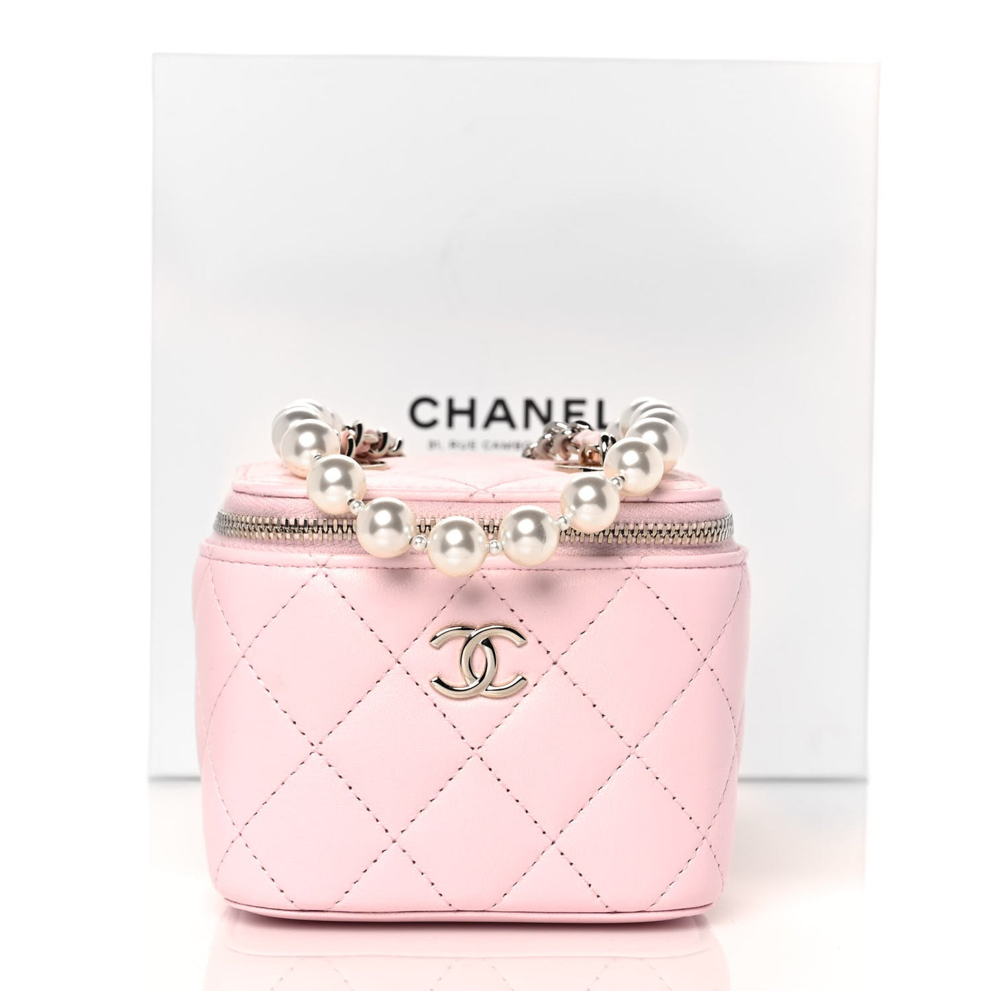 Lambskin Quilted Mini Vanity Case With Pearl Chain Light Pink