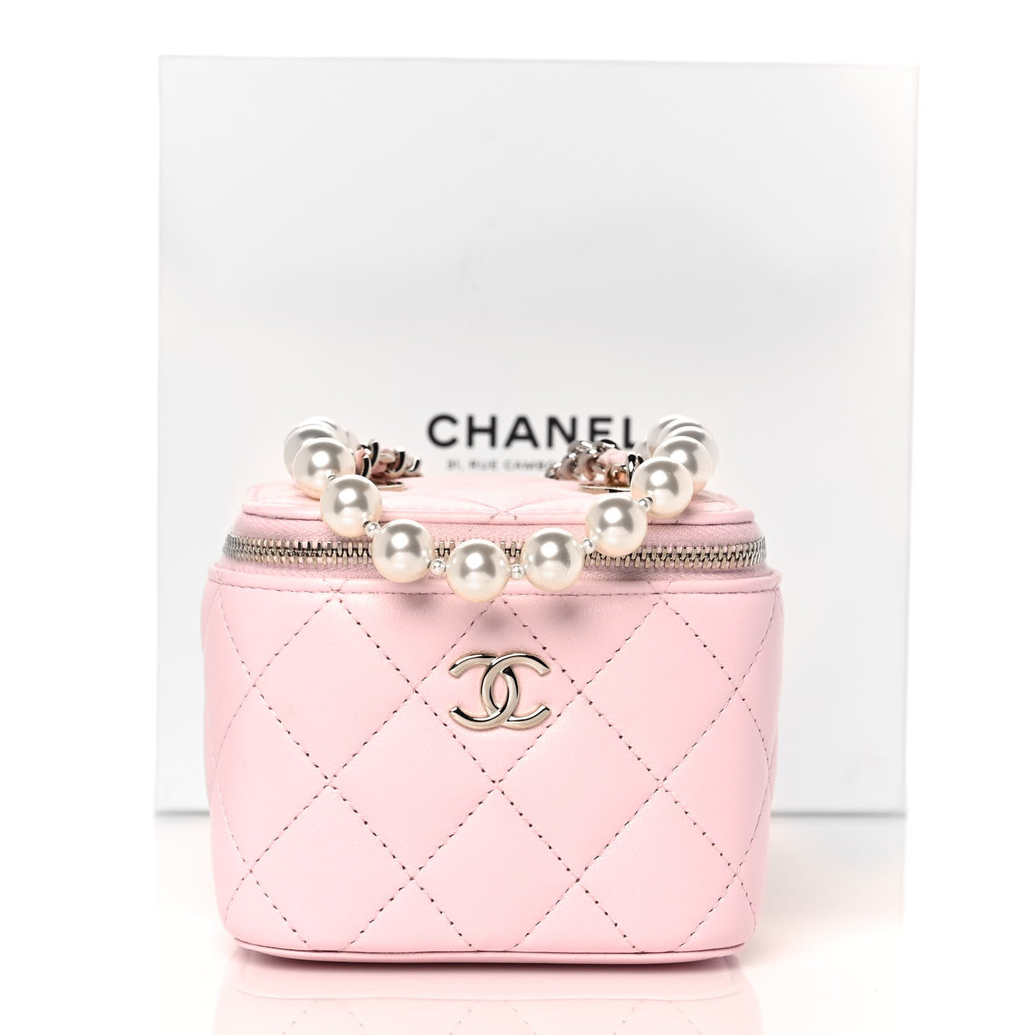 Chanel Lambskin Quilted Mini Vanity Case With Pearl Chain Light Pink 10 of 10