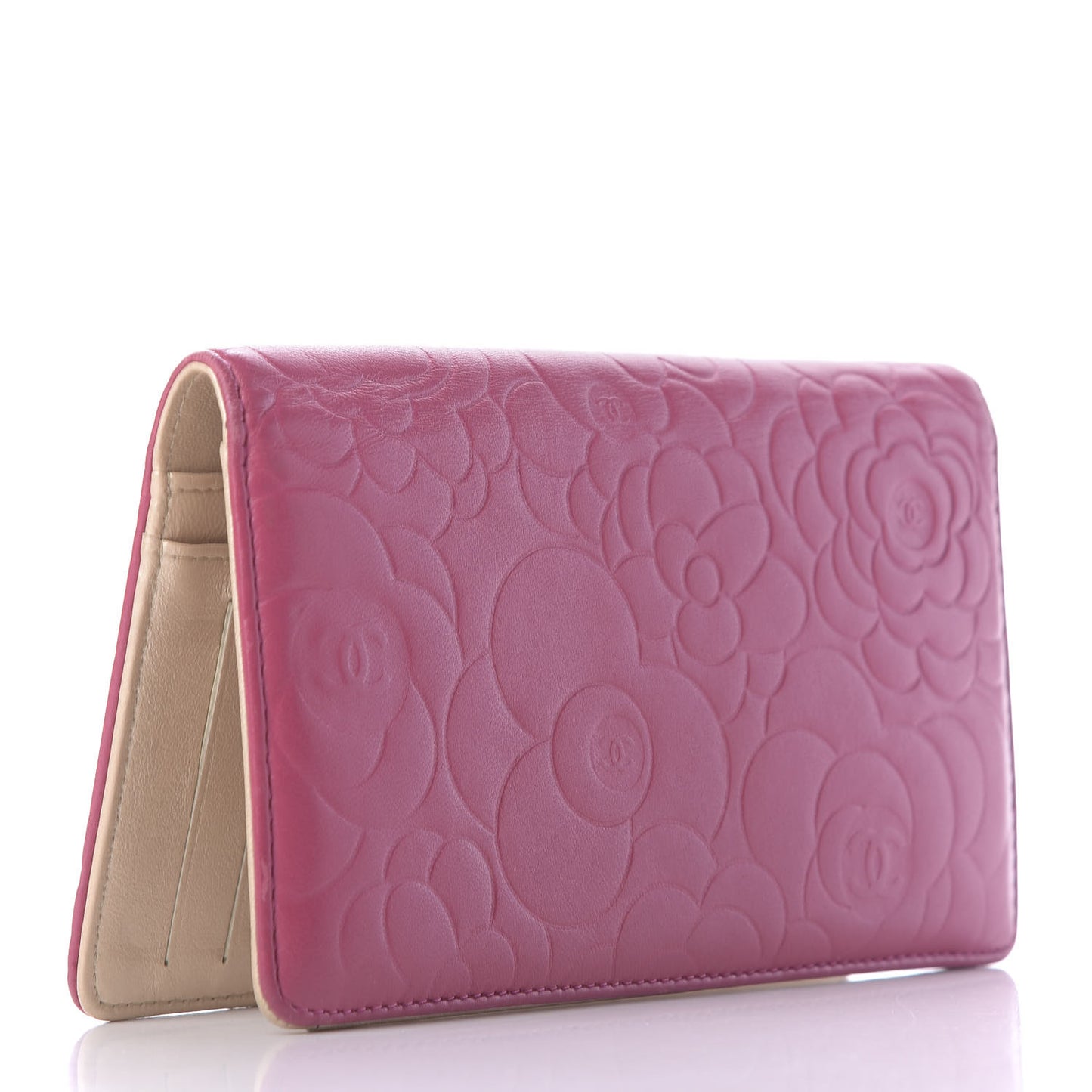 Lambskin Camellia Embossed Yen Wallet Fuchsia