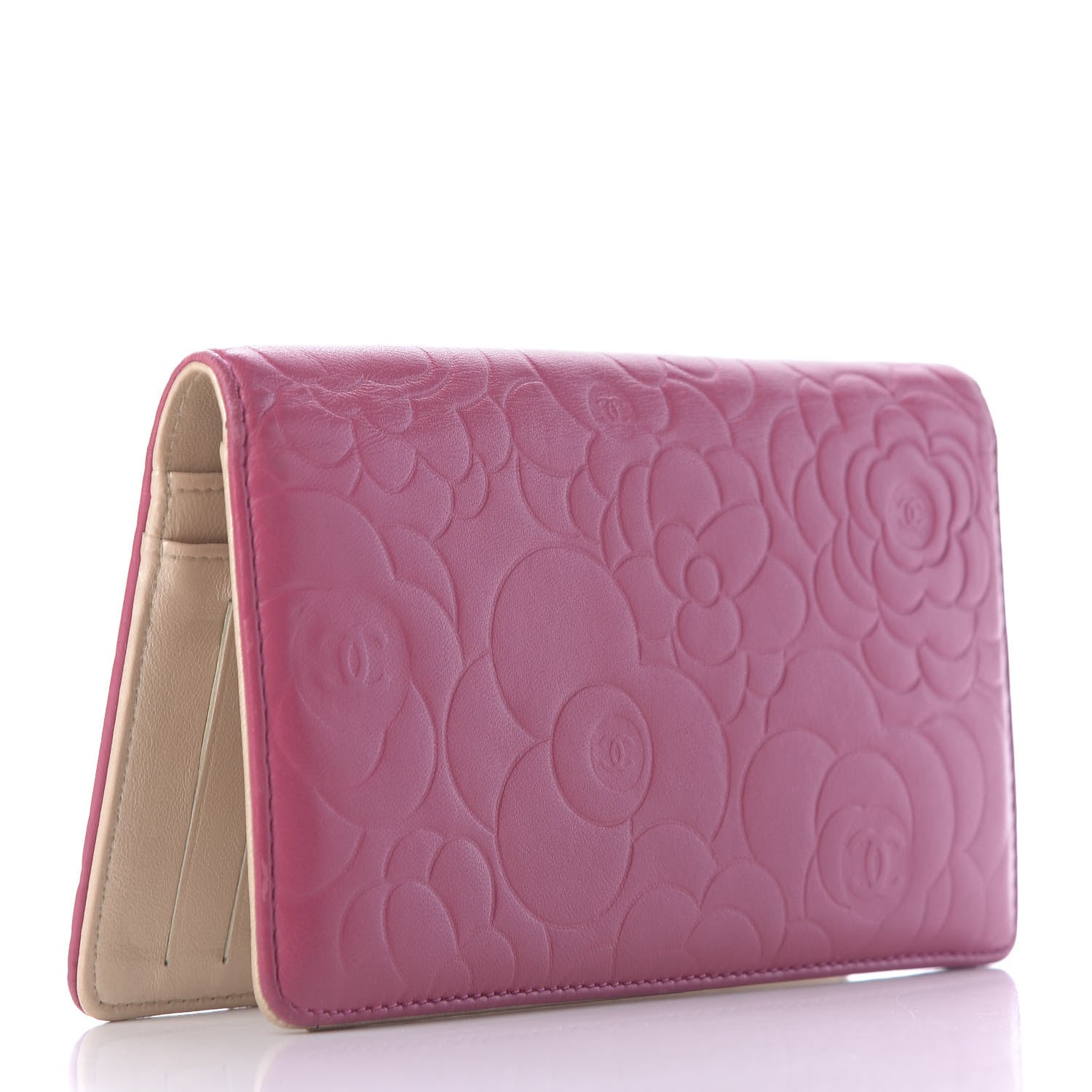 Chanel Lambskin Camellia Embossed Yen Wallet Fuchsia 3 of 11