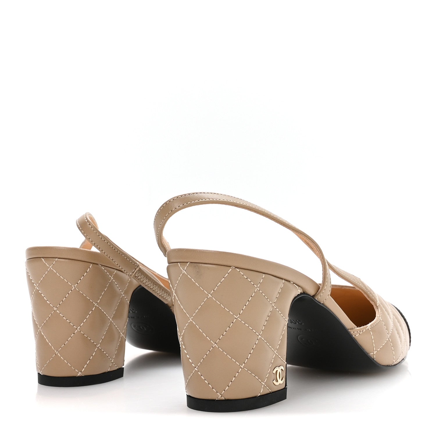 Chanel Lambskin Patent Calfskin Quilted Cap Toe CC Slingback Pumps 39.5 Beige Black 5 of 9