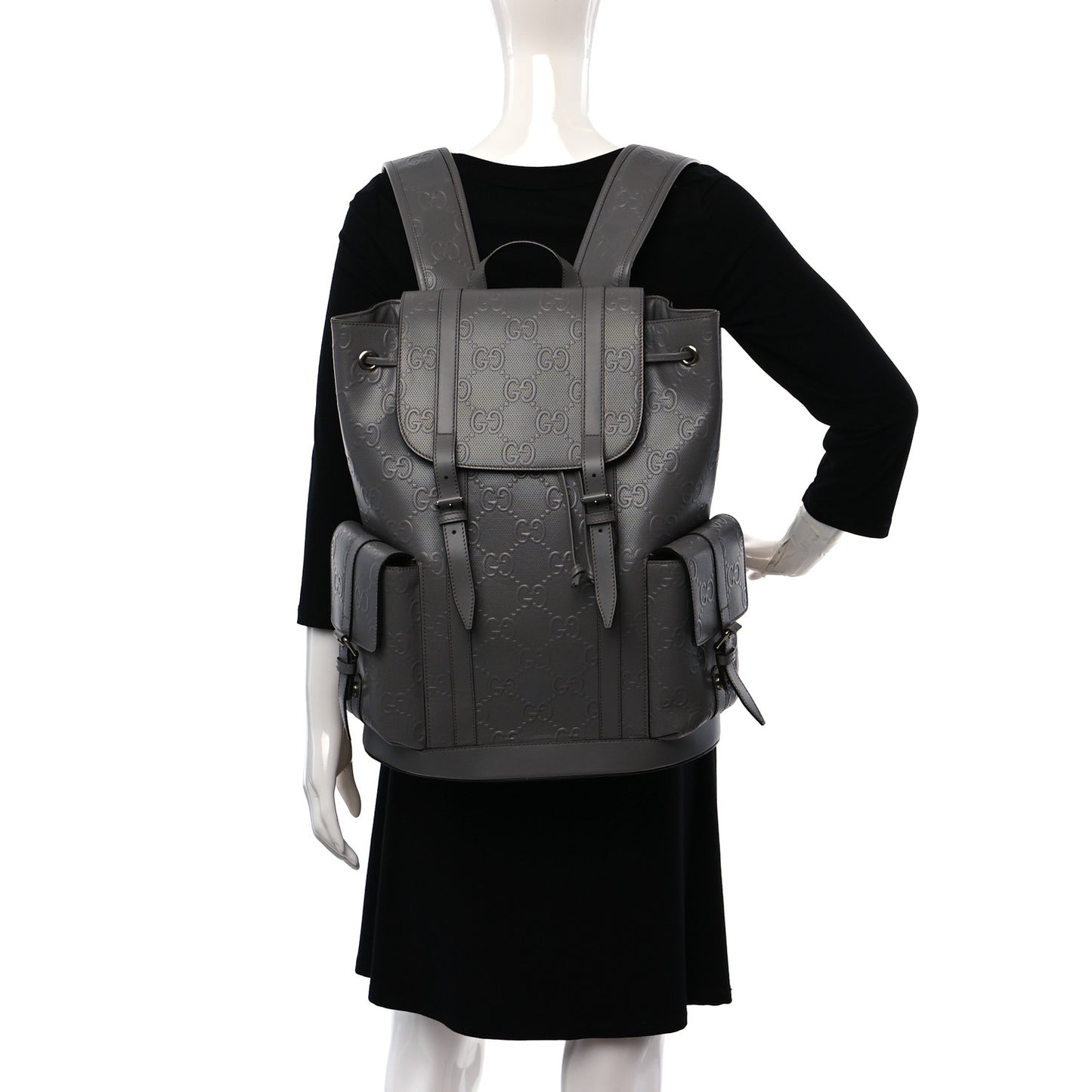 Calfskin GG Tennis Embossed Double Buckle Backpack Dusty Grey Black