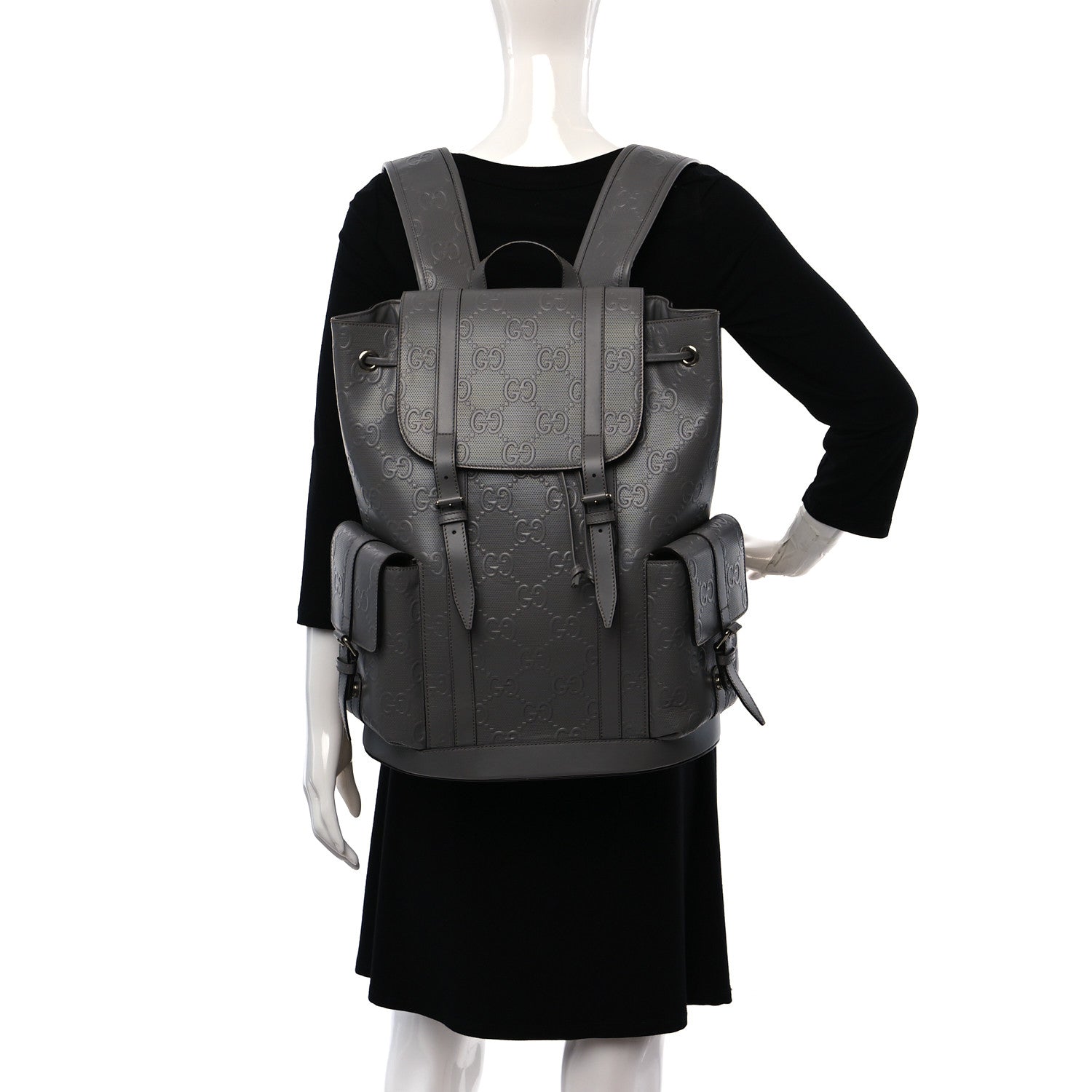Gucci Calfskin GG Tennis Embossed Double Buckle Backpack Dusty Grey Black 2 of 8