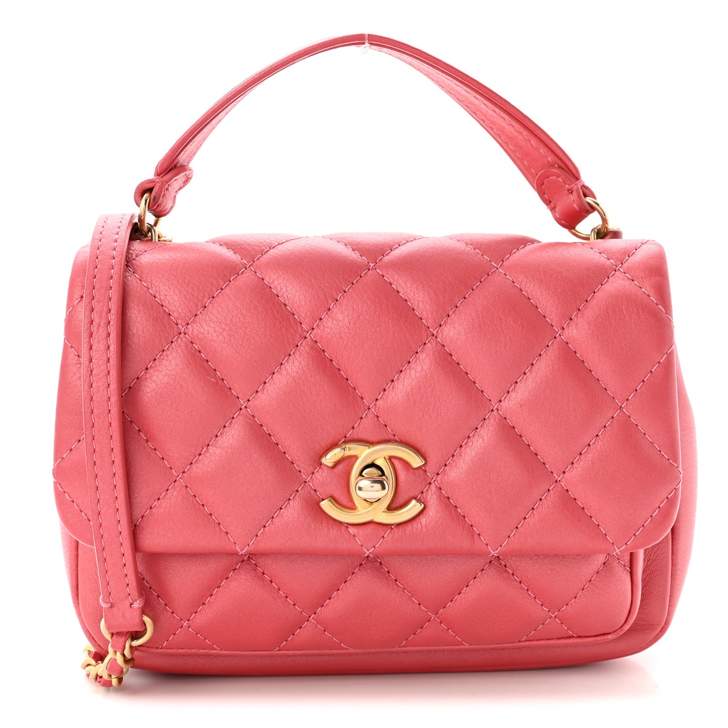 Metallic Calfskin Quilted Top Handle Flap Dark Pink