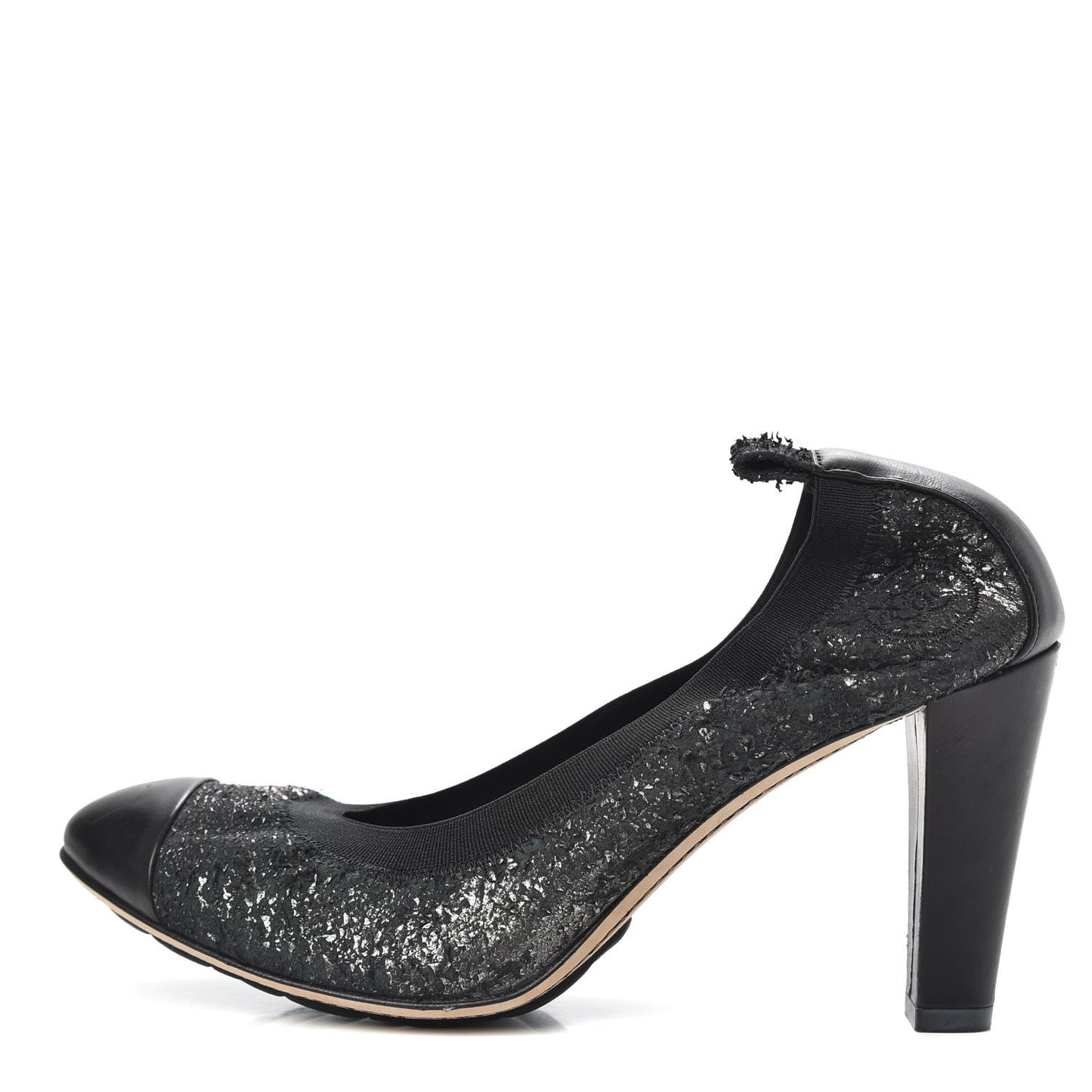 Metallic Lambskin Cap Toe CC Elastic Stretch Pumps 38 Black