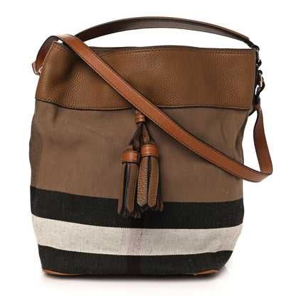 Burberry Grainy Calfskin Canvas Mega Check Medium Ashby Tassel Hobo Saddle Brown 1 of 6