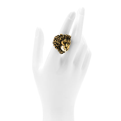 Gucci Metal Glass Pearl Lion Head Ring 6.25 Aged Gold 2 of 6