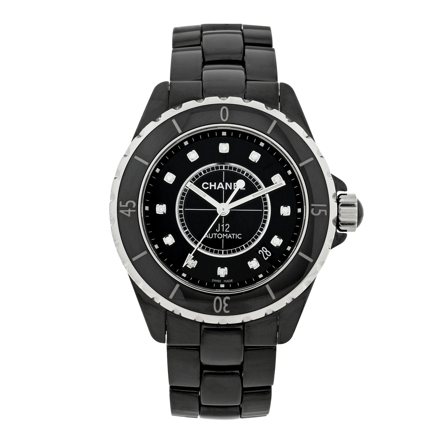 Chanel Stainless Steel Ceramic Diamond 38mm J12 Automatic Watch Black 1 of 4