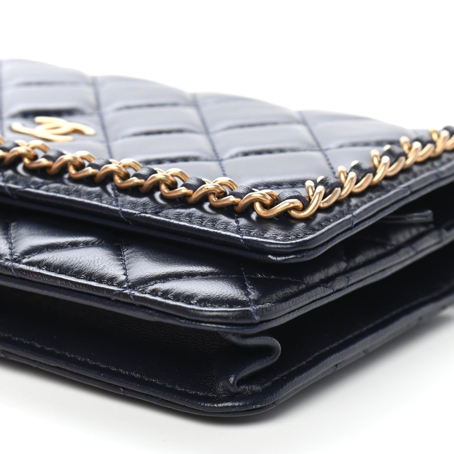 Lambskin Quilted Chain Around Wallet On Chain WOC Navy Blue