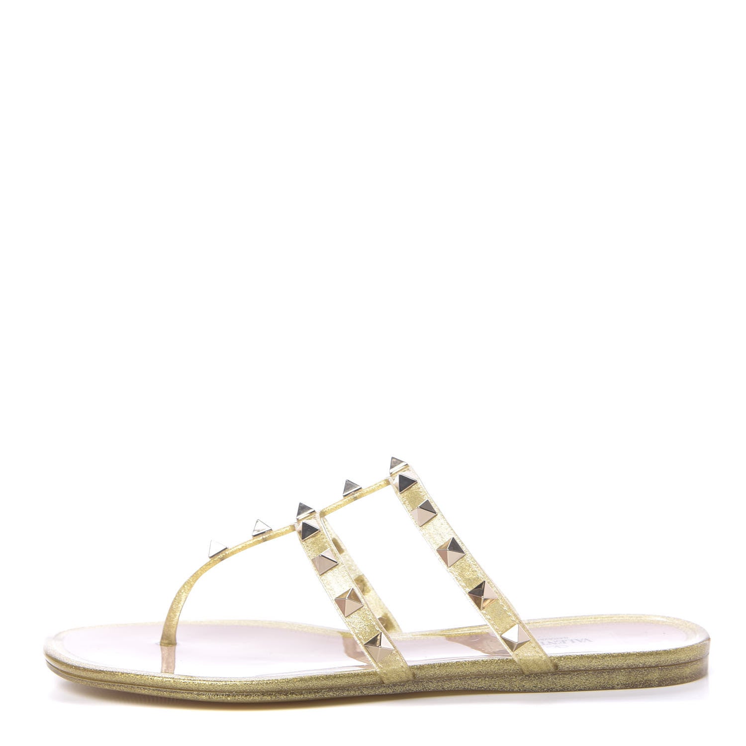 Valentino Garavani PVC Jelly Glitter Rockstud Caged Flat Thong Sandals 36 Oro 1 of 8