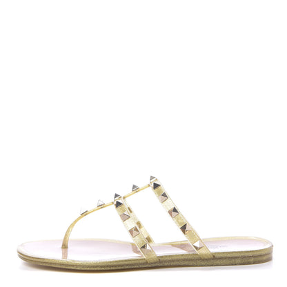 Valentino Garavani PVC Jelly Glitter Rockstud Caged Flat Thong Sandals 36 Oro 1 of 8