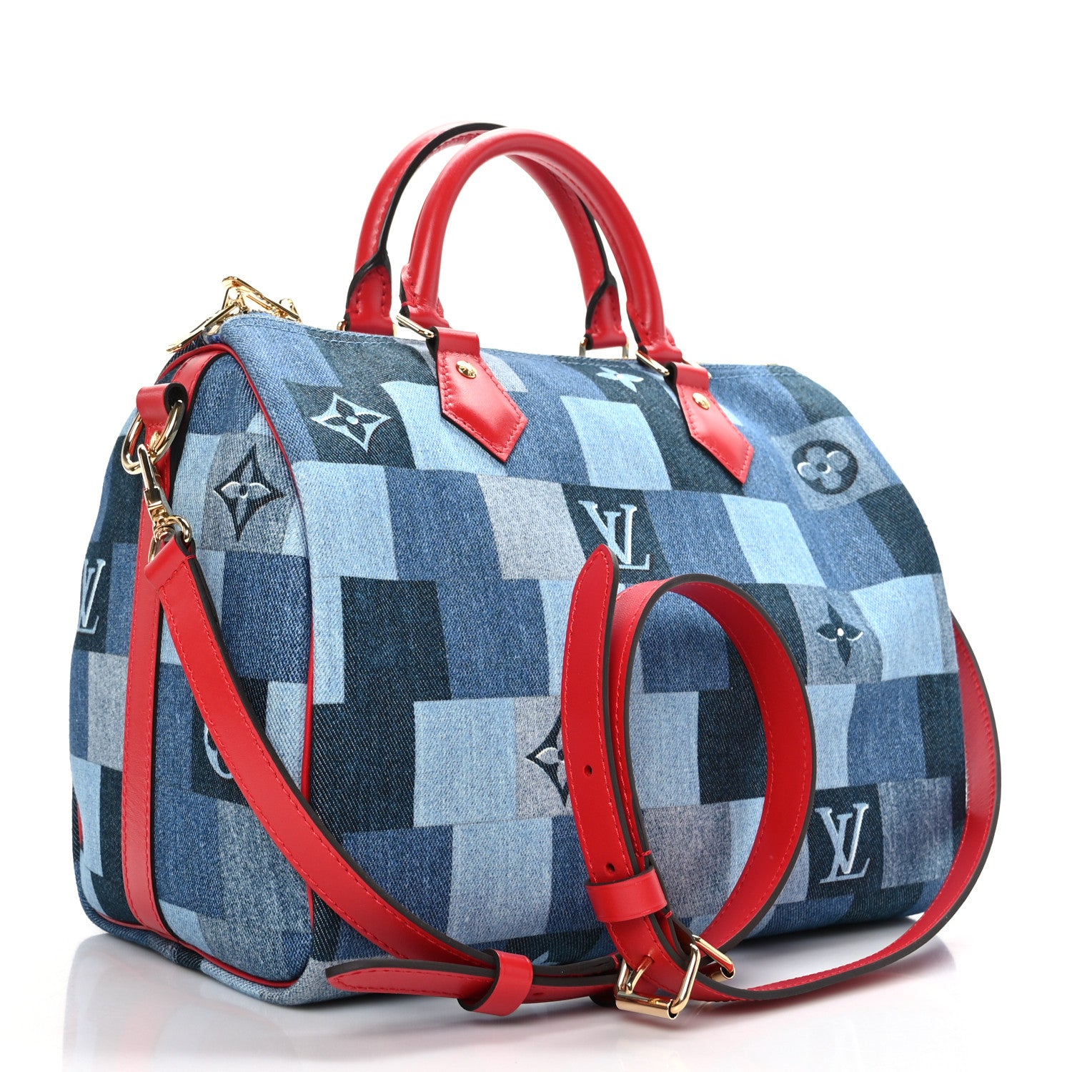 Louis Vuitton Denim Damier Monogram Patchwork Speedy Bandouliere 30 Blue Rouge 3 of 11