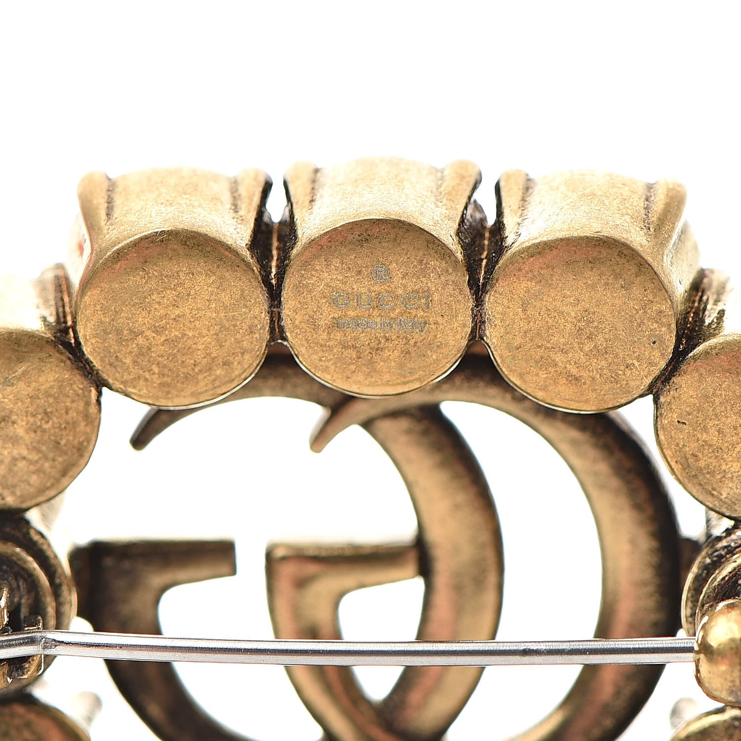 Gucci Metal Crystal Double G Brooch Aged Gold 4 of 5