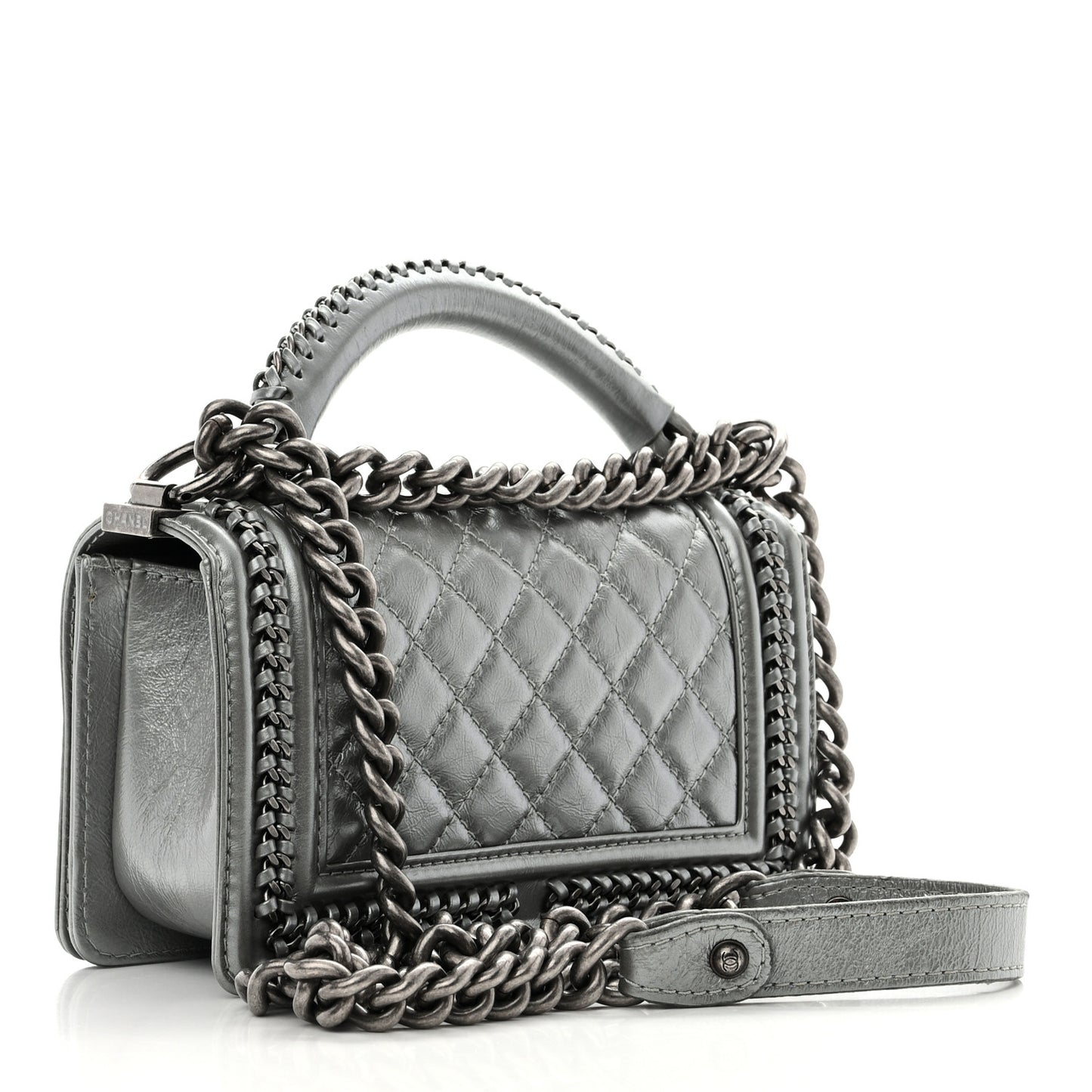 Metallic Aged Calfskin Quilted Small Top Handle Boy Flap Silver