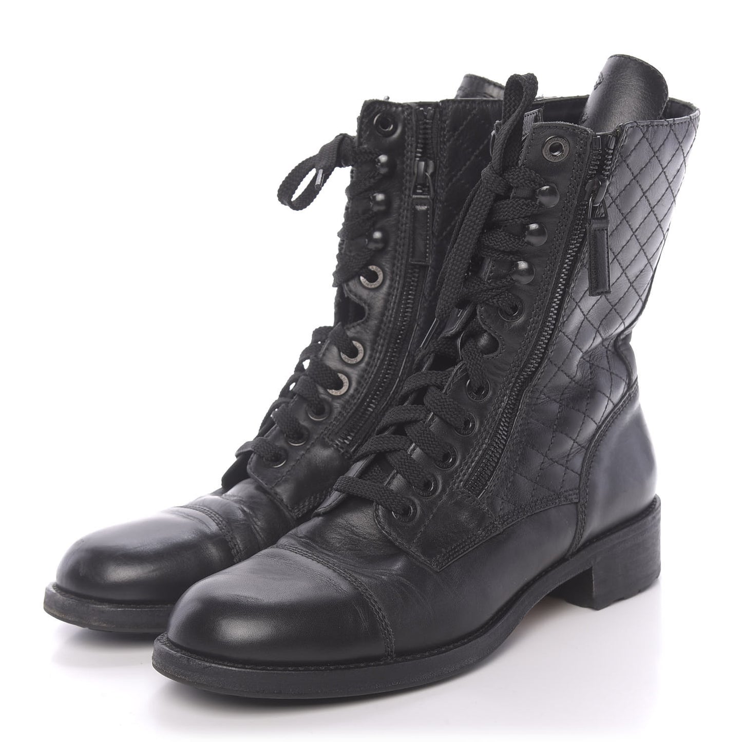 Calfskin Quilted Cap Toe Combat Boots 40 Black