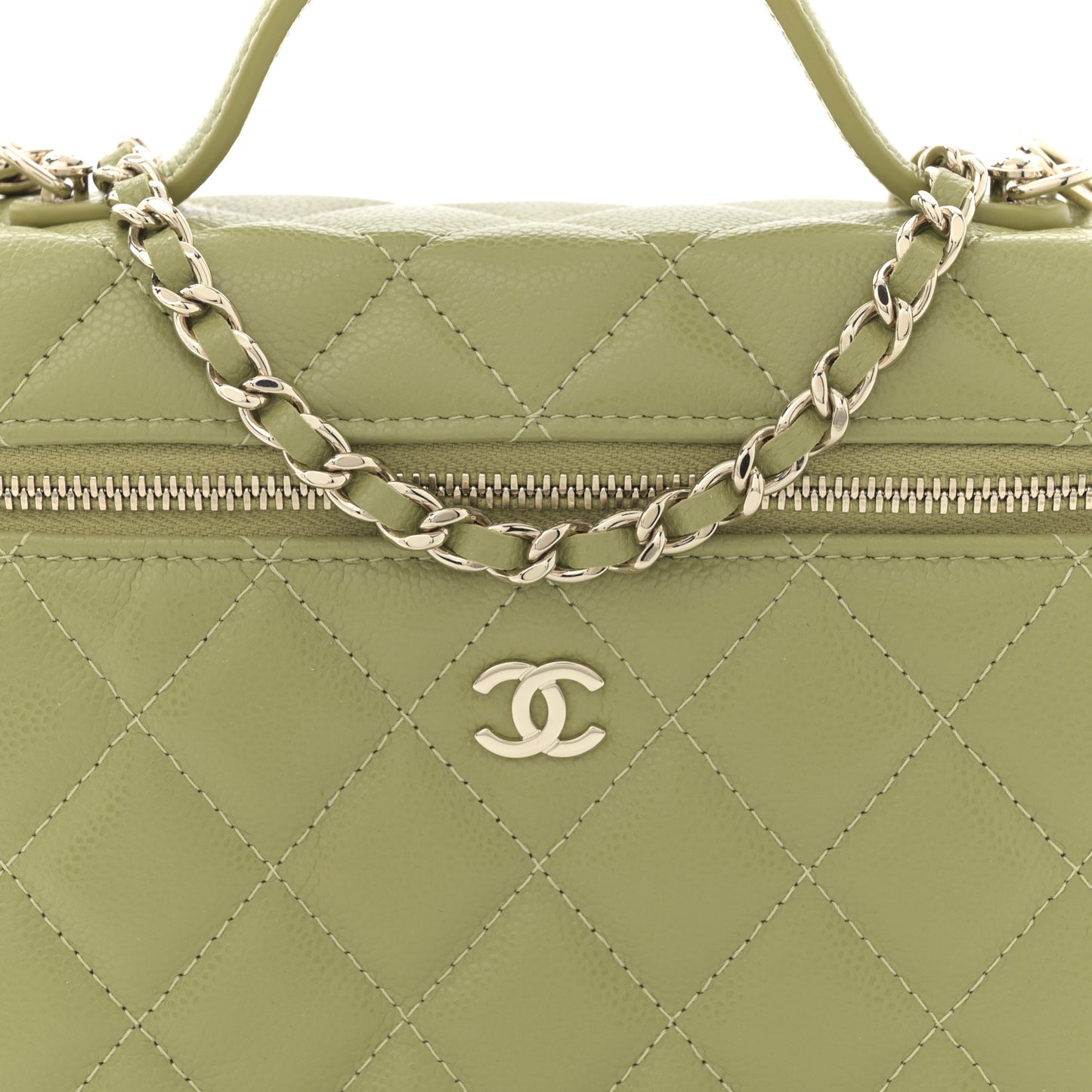 Caviar Quilted Top Handle Slim Vanity With Chain Khaki