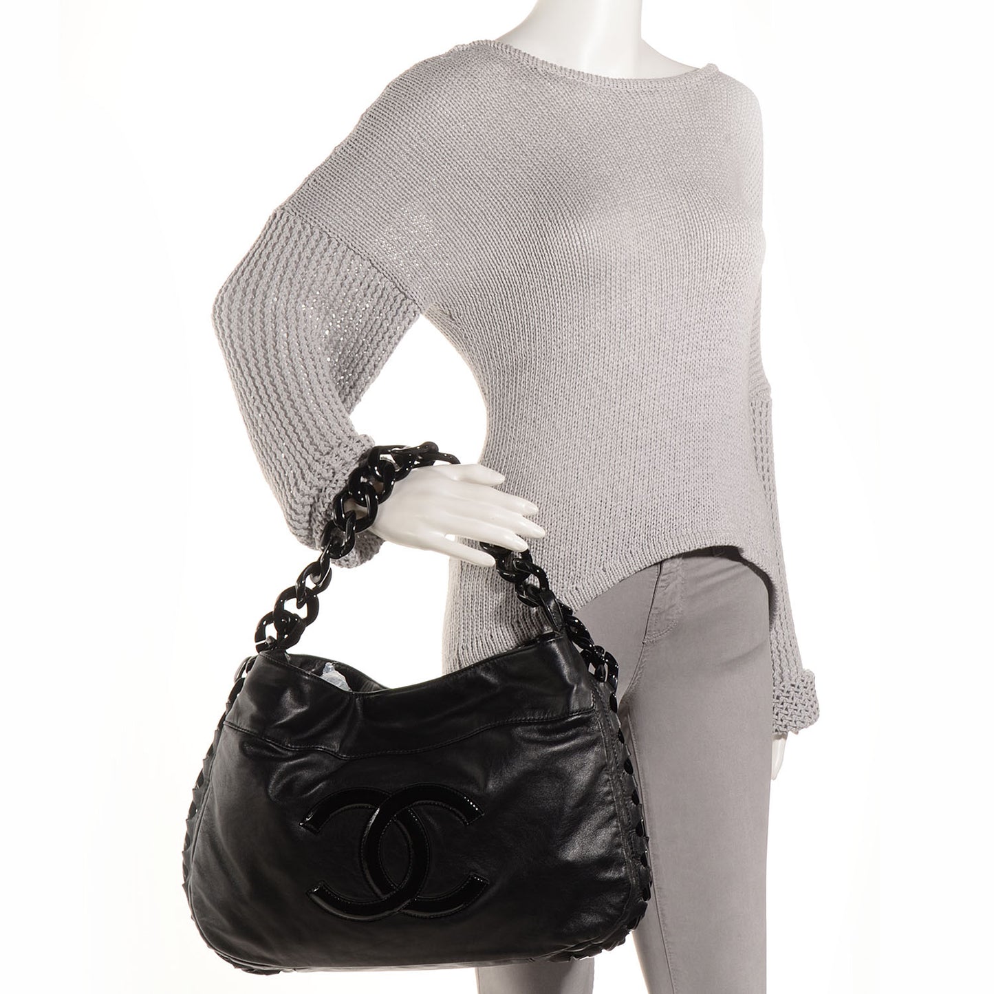 Calfskin Modern Chain Rhodoid Hobo Black
