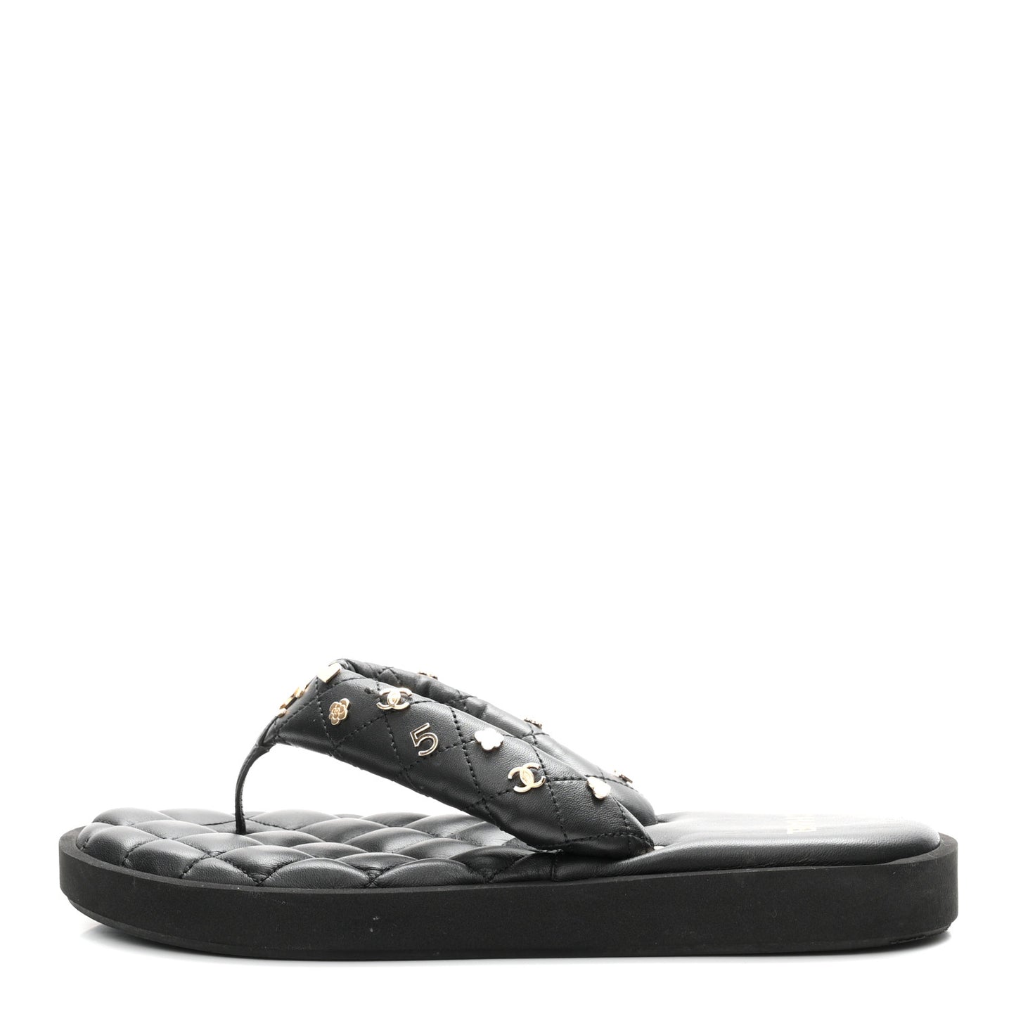 Lambskin Quilted Padded Charms Thong Sandals 41 Black
