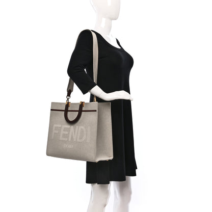 Fendi Canvas Vitello King Logo Embroidered Medium Fendi Sunshine Shopper Tote Grezzo Ghianda 2 of 9