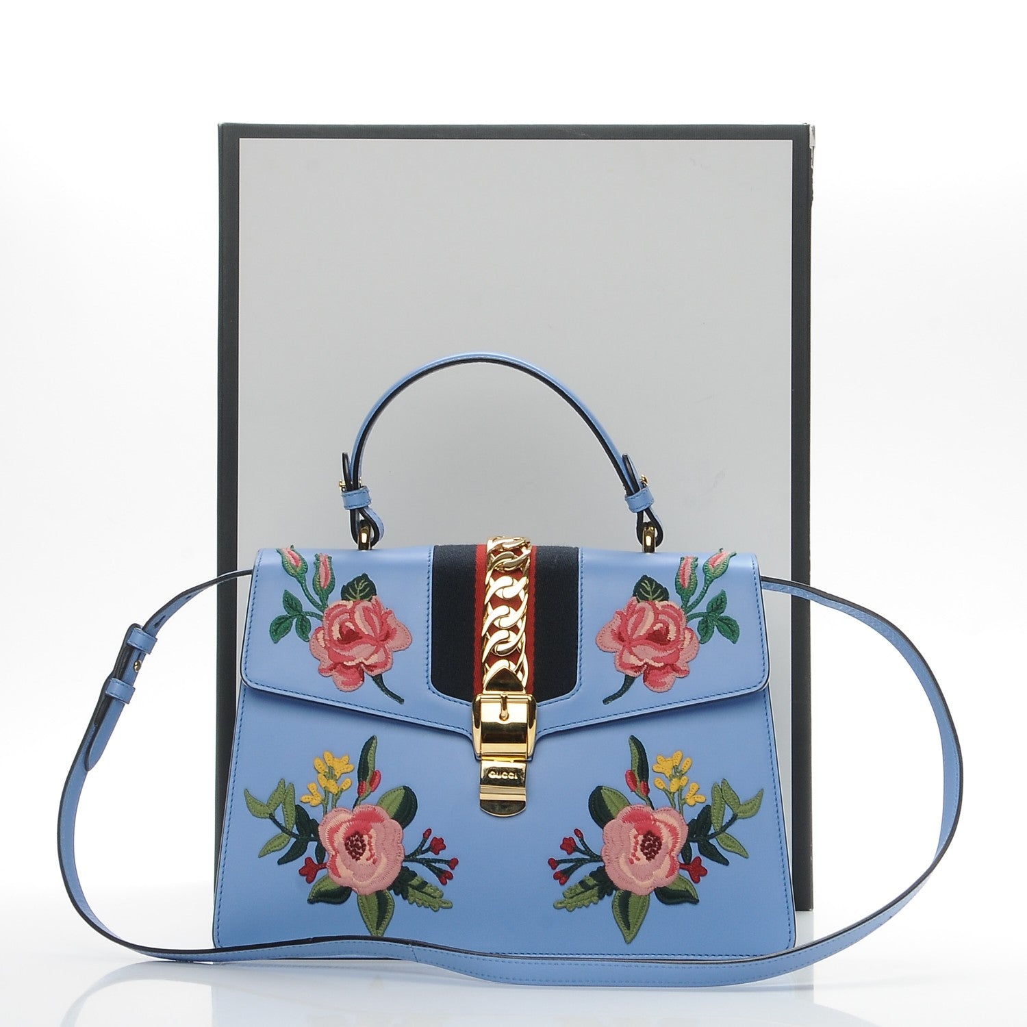 Gucci Calfskin Embroidered Medium Sylvie Top Handle Bag Clear Sky Blue 9 of 9