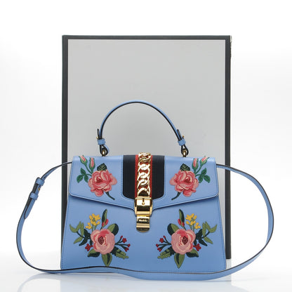 Gucci Calfskin Embroidered Medium Sylvie Top Handle Bag Clear Sky Blue 9 of 9