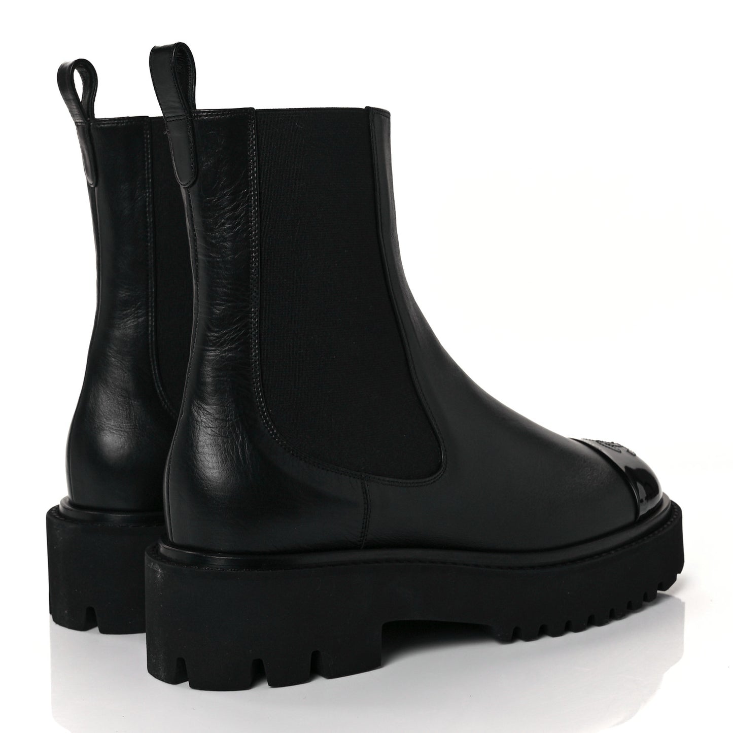 Crumpled Calfskin Patent Cap Toe Short Boots 39.5 Black