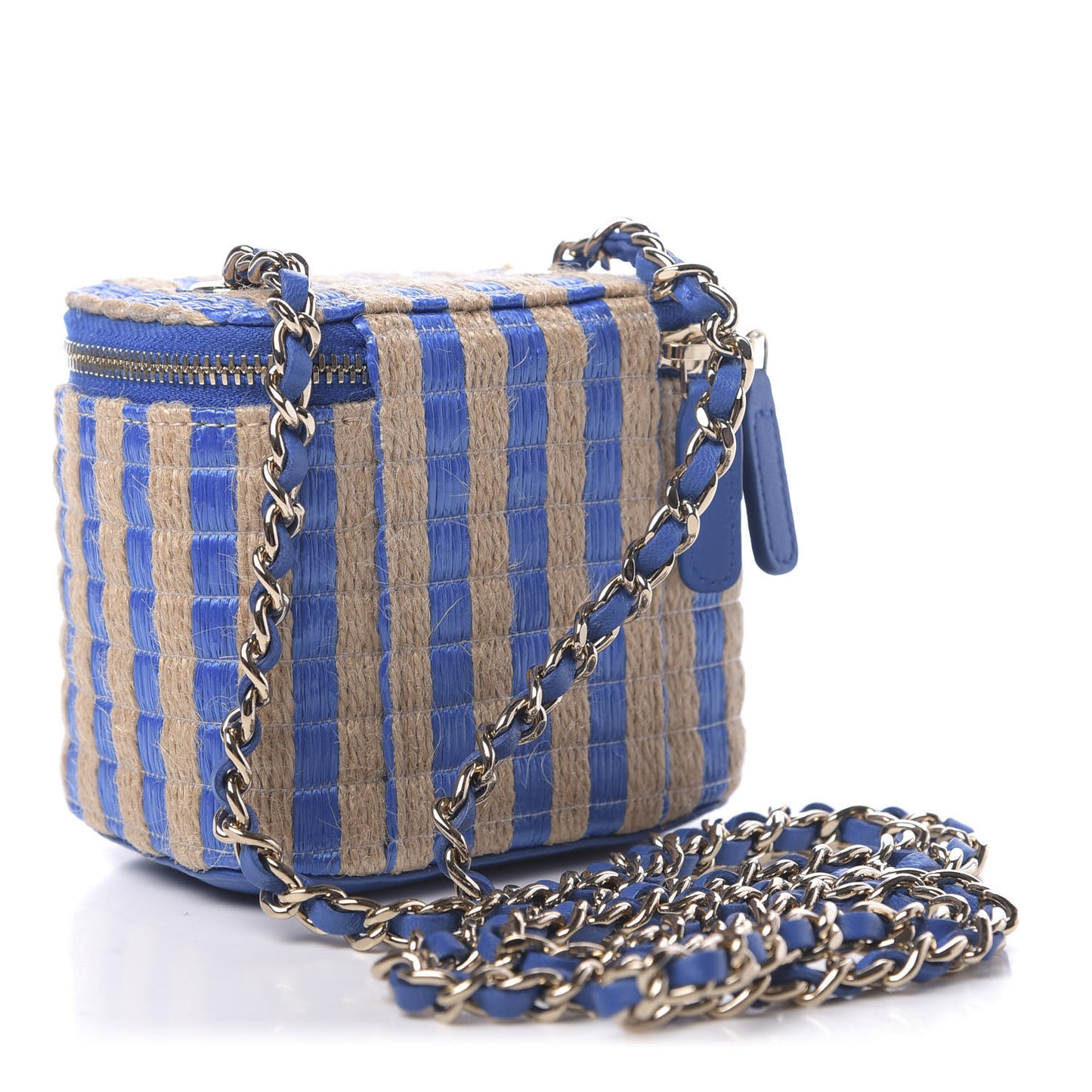 Raffia Jute Striped Mini Vanity Case With Chain Blue Beige