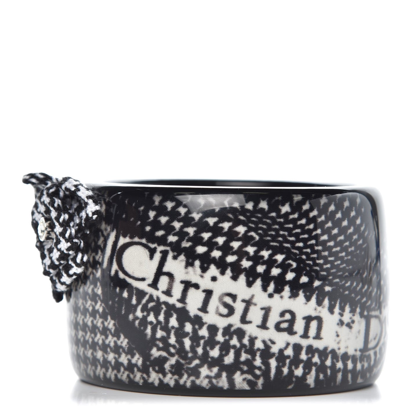 Resin Tweed Crystal Houndstooth Print Wide Bracelet Black