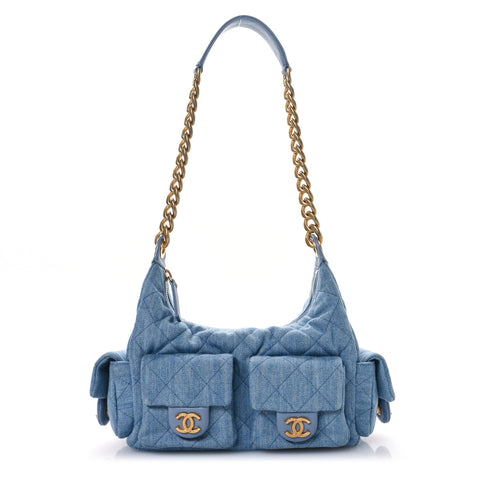 Washed Denim Quilted Cargo Large Hobo Light Blue