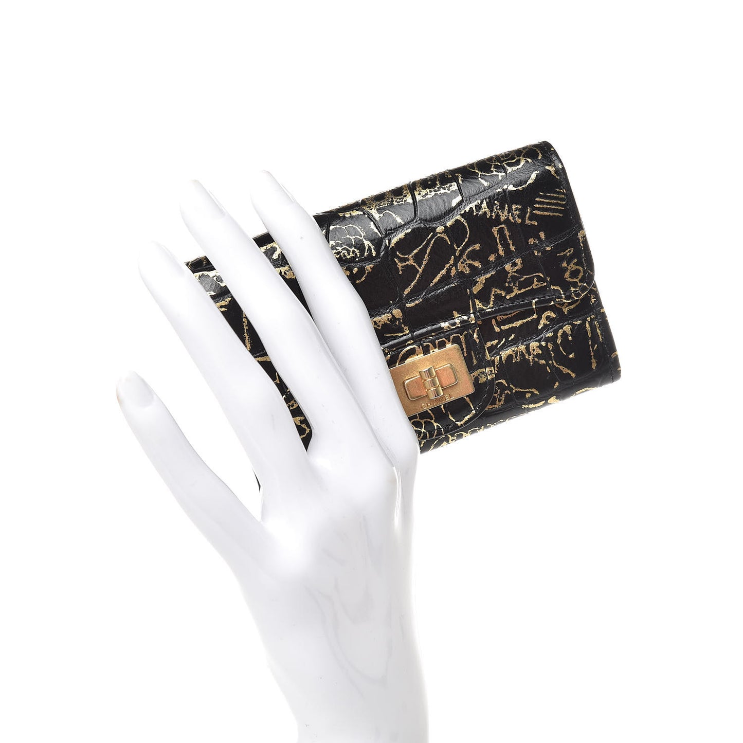Calfskin Crocodile Embossed Graffiti Reissue Card Holder Wallet Black Gold