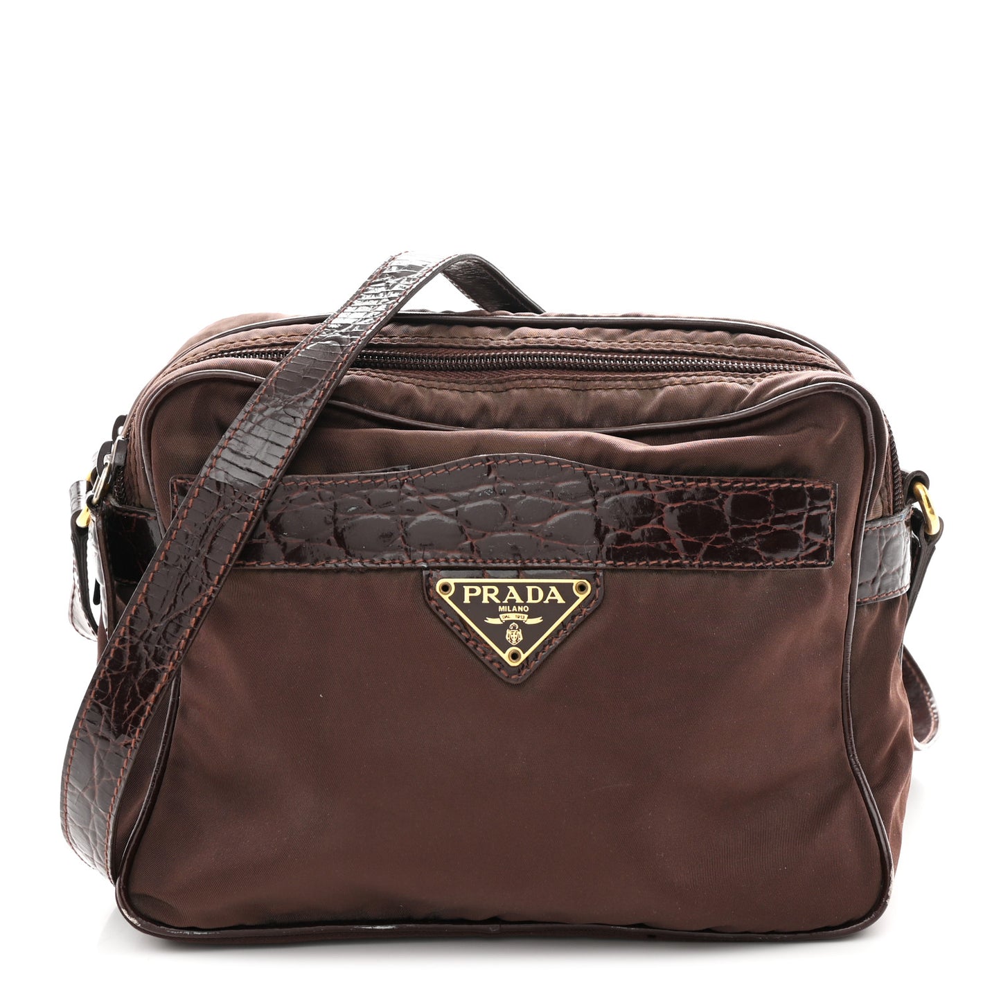 Tessuto Nylon Crocodile Embossed Crossbody Brown