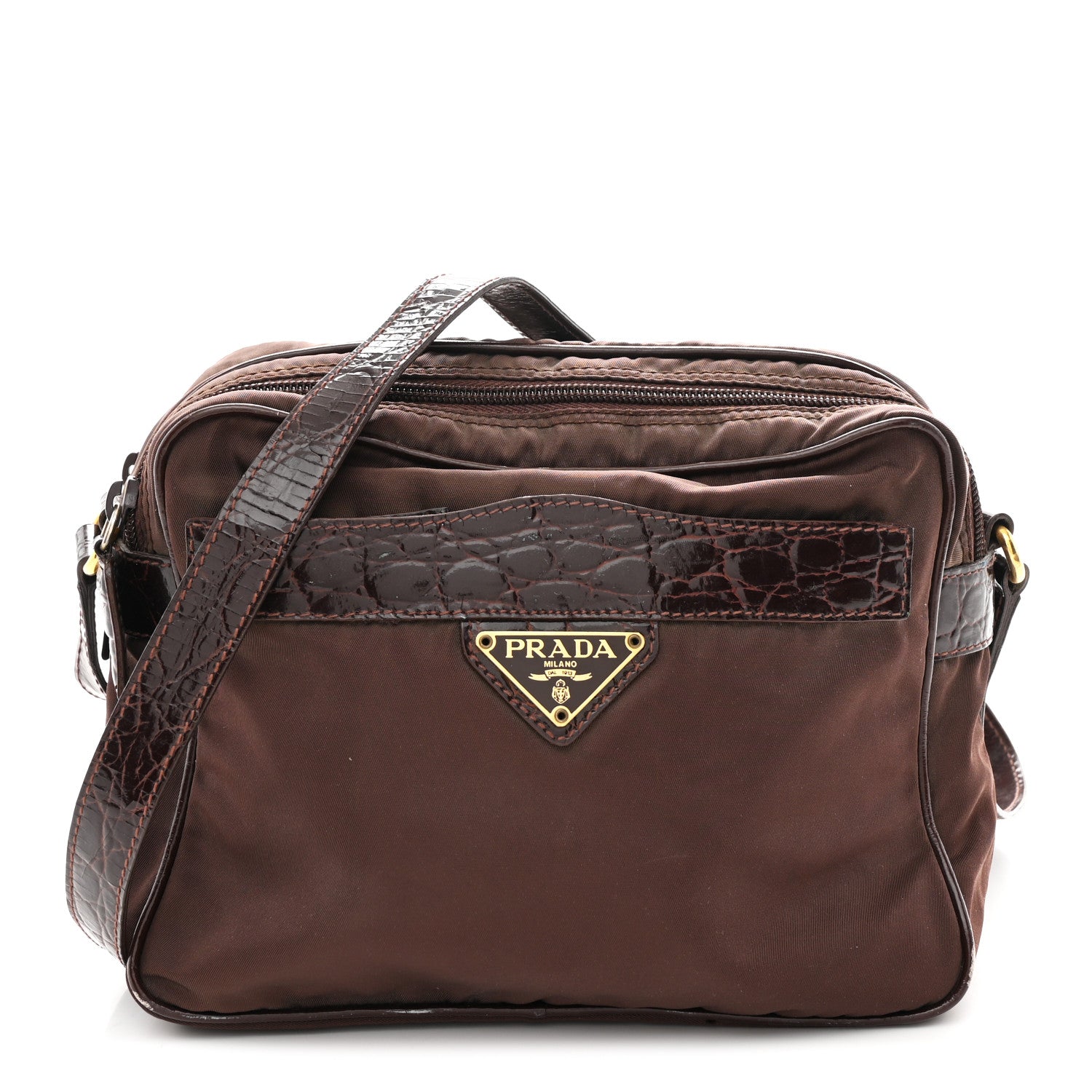 Prada Tessuto Nylon Crocodile Embossed Crossbody Brown 1 of 12