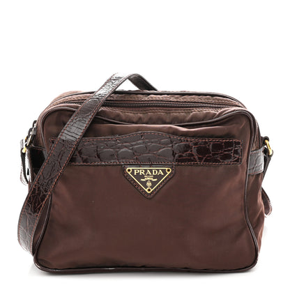 Prada Tessuto Nylon Crocodile Embossed Crossbody Brown 1 of 12